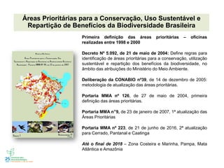 Áreas Prioritárias para a Conservação, Uso Sustentável e
Repartição de Benefícios da Biodiversidade Brasileira
Primeira definição das áreas prioritárias – oficinas
realizadas entre 1998 e 2000
Decreto Nº 5.092, de 21 de maio de 2004: Define regras para
identificação de áreas prioritárias para a conservação, utilização
sustentável e repartição dos benefícios da biodiversidade, no
âmbito das atribuições do Ministério do Meio Ambiente.
Deliberação da CONABIO nº39, de 14 de dezembro de 2005:
metodologia de atualização das áreas prioritárias.
Portaria MMA nº 126, de 27 de maio de 2004, primeira
definição das áreas prioritárias.
Portaria MMA n°9, de 23 de janeiro de 2007, 1ª atualização das
Áreas Prioritárias
Portaria MMA nº 223, de 21 de junho de 2016, 2ª atualização
para Cerrado, Pantanal e Caatinga
Até o final de 2018 – Zona Costeira e Marinha, Pampa, Mata
Atlântica e Amazônia
 