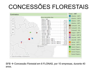 CONCESSÕES FLORESTAIS
SFB → Concessão Florestal em 6 FLONAS, por 10 empresas, durante 40
anos.
 