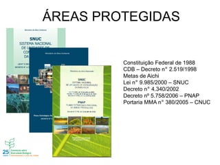 ÁREAS PROTEGIDAS
Constituição Federal de 1988
CDB – Decreto n° 2.519/1998
Metas de Aichi
Lei n° 9.985/2000 – SNUC
Decreto n° 4.340/2002
Decreto nº 5.758/2006 – PNAP
Portaria MMA n° 380/2005 – CNUC
 