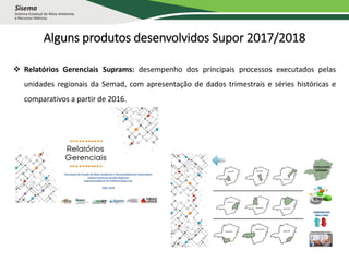 Alguns produtos desenvolvidos Supor 2017/2018
 Relatórios Gerenciais Suprams: desempenho dos principais processos executados pelas
unidades regionais da Semad, com apresentação de dados trimestrais e séries históricas e
comparativos a partir de 2016.
 