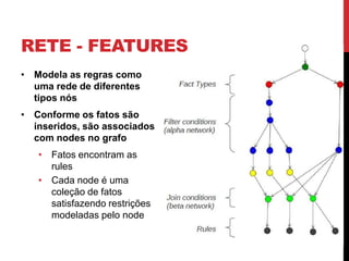 RETE - FEATURES
• Modela as regras como
  uma rede de diferentes
  tipos nós
• Conforme os fatos são
  inseridos, são associados
  com nodes no grafo
   • Fatos encontram as
     rules
   • Cada node é uma
     coleção de fatos
     satisfazendo restrições
     modeladas pelo node
 