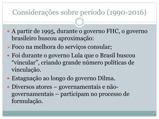 Considerações sobre período (1990-2016)
 A partir de 1995, durante o governo FHC, o governo
brasileiro buscou aproximação:
Foco na melhora do serviços consular;
 Foi durante o governo Lula que o Brasil buscou
“vincular”, criando grande número políticas de
vinculação.
 Estagnação ao longo do governo Dilma.
 Diversos atores – governamentais e não-
governamentais – participam no processo de
formulação.
 