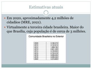 Estimativas atuais
 Em 2020, aproximadamente 4,2 milhões de
cidadãos (MRE, 2021).
 Virtualmente a terceira cidade brasileira. Maior do
que Brasília, cuja população é de cerca de 3 milhões.
 