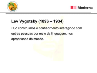 Lev Vygotsky (1896 – 1934) Só construímos o conhecimento interagindo com outras pessoas por meio da linguagem, nos apropriando do mundo. 