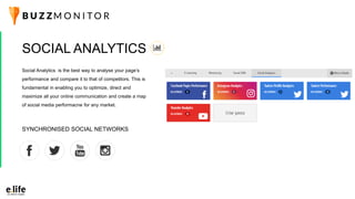Social Analytics is the best way to analyse your page’s
performance and compare it to that of competitors. This is
fundamental in enabling you to optimize, direct and
maximize all your online communication and create a map
of social media performacne for any market.
SOCIAL ANALYTICS
SYNCHRONISED SOCIAL NETWORKS
 