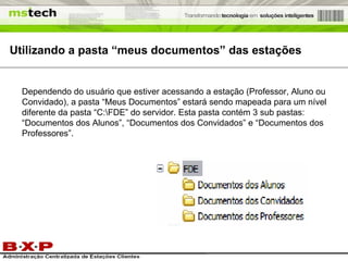 Dependendo do usuário que estiver acessando a estação (Professor, Aluno ou Convidado), a pasta “Meus Documentos” estará sendo mapeada para um nível diferente da pasta “C:\FDE” do servidor. Esta pasta contém 3 sub pastas: “Documentos dos Alunos”, “Documentos dos Convidados” e “Documentos dos Professores”. Utilizando a pasta “meus documentos” das estações 