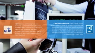 RFID & NFC
A RFID PERMITE A COMUNICAÇÃO DE DOIS
APARELHOS À LONGA DISTÂNCIA, POR MEIO DE
RADIOFREQUÊNCIA: UM DELES TRAZ UMA FONTE DE
ENERGIA E AGE ATIVAMENTE, BUSCANDO
INFORMAÇÕES NO OUTRO DISPOSITIVO, QUE NÃO
NECESSITA DE UMA FONTE DE ENERGIA PRÓPRIA
PARA FUNCIONAR.
A NEAR FIELD CONNECTION, COMO O NOME SUGERE,
LIMITA O CAMPO DE ATUAÇÃO DE FREQUÊNCIAS PARA UMA
DISTANCIA DE ATÉ 10 CENTÍMETROS. ASSIM, É NECESSÁRIO
ESTAR BASTANTE PRÓXIMO AO OBJETO PARA QUE HAJA A
TROCA DE DADOS - O QUE A TORNA BASTANTE SEGURA. É
IMPORTANTE OBSERVAR QUE OS DADOS SÃO OBTIDOS DA
FONTE PASSIVA PELA FONTE ATIVA.
2013 © copyright Carbonfuzz
 