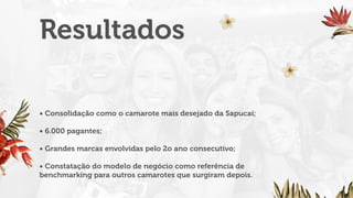 Resultados
• Consolidação como o camarote mais desejado da Sapucaí;
• 6.000 pagantes;
• Grandes marcas envolvidas pelo 2o ano consecutivo;
• Constatação do modelo de negócio como referência de
benchmarking para outros camarotes que surgiram depois.
 