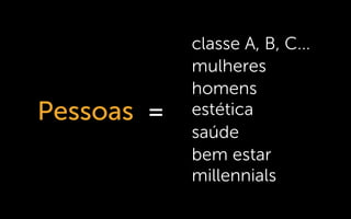 Pessoas =
mulheres
homens
estética
saúde
bem estar
millennials
classe A, B, C...
 