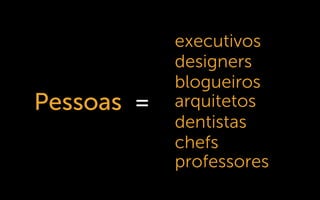 Pessoas =
designers
blogueiros
arquitetos
dentistas
chefs
professores
executivos
 