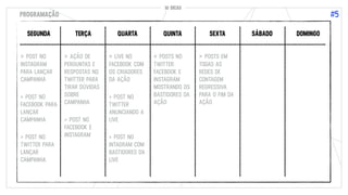 10 DICAS
#5
10 DICAS
PROGRAMAÇÃO
SEGUNDA TERÇA QUARTA QUINTA SEXTA SÁBADO DOMINGO
> POST NO
INSTAGRAM
PARA LANÇAR
CAMPANHA
> POST NO
FACEBOOK PARA
LANÇAR
CAMPANHA
> POST NO
TWITTER PARA
LANÇAR
CAMPANHA
> AÇÃO DE
PERGUNTAS E
RESPOSTAS NO
TWITTER PARA
TIRAR DÚVIDAS
SOBRE
CAMPANHA
> POST NO
FACEBOOK E
INSTAGRAM
> LIVE NO
FACEBOOK COM
OS CRIADORES
DA AÇÃO
> POST NO
TWITTER
ANUNCIANDO A
LIVE
> POST NO
INTAGRAM COM
BASTIDORES DA
LIVE
> POSTS NO
TWITTER,
FACEBOOK E
INSTAGRAM
MOSTRANDO OS
BASTIDORES DA
AÇÃO
> POSTS EM
TODAS AS
REDES DE
CONTAGEM
REGRESSIVA
PARA O FIM DA
AÇÃO
 