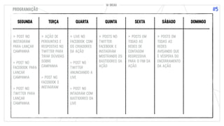 10 DICAS
#5
10 DICAS
PROGRAMAÇÃO
SEGUNDA TERÇA QUARTA QUINTA SEXTA SÁBADO DOMINGO
> POST NO
INSTAGRAM
PARA LANÇAR
CAMPANHA
> POST NO
FACEBOOK PARA
LANÇAR
CAMPANHA
> POST NO
TWITTER PARA
LANÇAR
CAMPANHA
> AÇÃO DE
PERGUNTAS E
RESPOSTAS NO
TWITTER PARA
TIRAR DÚVIDAS
SOBRE
CAMPANHA
> POST NO
FACEBOOK E
INSTAGRAM
> LIVE NO
FACEBOOK COM
OS CRIADORES
DA AÇÃO
> POST NO
TWITTER
ANUNCIANDO A
LIVE
> POST NO
INTAGRAM COM
BASTIDORES DA
LIVE
> POSTS NO
TWITTER,
FACEBOOK E
INSTAGRAM
MOSTRANDO OS
BASTIDORES DA
AÇÃO
> POSTS EM
TODAS AS
REDES DE
CONTAGEM
REGRESSIVA
PARA O FIM DA
AÇÃO
> POSTS EM
TODAS AS
REDES
AVISANDO QUE
É VÉSPERA DO
ENCERRAMENTO
DA AÇÃO
 