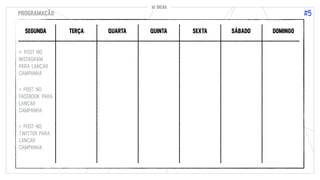 10 DICAS
#5
10 DICAS
PROGRAMAÇÃO
SEGUNDA TERÇA QUARTA QUINTA SEXTA SÁBADO DOMINGO
> POST NO
INSTAGRAM
PARA LANÇAR
CAMPANHA
> POST NO
FACEBOOK PARA
LANÇAR
CAMPANHA
> POST NO
TWITTER PARA
LANÇAR
CAMPANHA
 