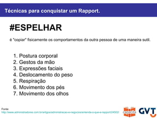 #ESPELHAR
é "copiar" fisicamente os comportamentos da outra pessoa de uma maneira sutil.   
1. Postura corporal
2. Gestos da mão
3. Expressões faciais
4. Deslocamento do peso
5. Respiração
6. Movimento dos pés
7. Movimento dos olhos
Fonte:
http://www.administradores.com.br/artigos/administracao-e-negocios/entenda-o-que-e-rapport/24502/
Técnicas para conquistar um Rapport.
 