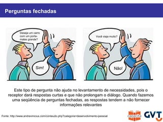 Perguntas fechadas
Fonte: http://www.andrevinicius.com/conteudo.php?categoria=desenvolvimento-pessoal
Deseja um carro
com um porta-
malas grande?
Sim! Não!
Você viaja muito?
Este tipo de pergunta não ajuda no levantamento de necessidades, pois o
receptor dará respostas curtas e que não prolongam o diálogo. Quando fazemos
uma seqüência de perguntas fechadas, as respostas tendem a não fornecer
informações relevantes
 