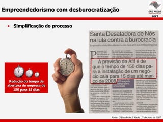 Empreendedorismo com desburocratização

 • Simplificação do processo




  Redução do tempo de
 abertura de empresa de
    150 para 15 dias




                                   Fonte: O Estado de S. Paulo, 31 de Maio de 2007
 
