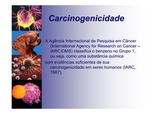 Carcinogenicidade
A Agência Internacional de Pesquisa em Câncer
(International Agency for Research on Cancer –
IARC/OMS) classifica o benzeno no Grupo 1,
ou seja, como uma substância química
com evidências suficientes de sua
carcinogenicidade em seres humanos (IARC,
1987).
 
