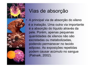 Vias de absorção
• A principal via de absorção do xileno
é a inalação. Uma outra via importante
é a absorção do líquido através da
pele. Porém, apenas pequenas
quantidades de xilenos não são
excretadas ou metabolizadas,
podendo permanecer no tecido
adiposo. As exposições repetidas
podem causar acúmulo no sangue
(Patnaik, 2002).
 