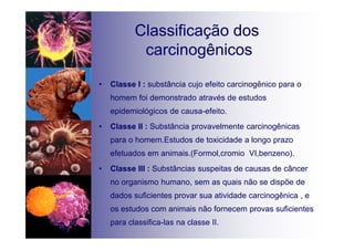 Classificação dos
carcinogênicos
• Classe I : substância cujo efeito carcinogênico para o
homem foi demonstrado através de estudos
epidemiológicos de causa-efeito.
• Classe II : Substância provavelmente carcinogênicas
para o homem.Estudos de toxicidade a longo prazo
efetuados em animais.(Formol,cromio VI,benzeno).
• Classe III : Substâncias suspeitas de causas de câncer
no organismo humano, sem as quais não se dispõe de
dados suficientes provar sua atividade carcinogênica , e
os estudos com animais não fornecem provas suficientes
para classifica-las na classe II.
 