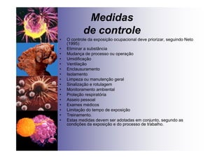Medidas
de controle
• O controle da exposição ocupacional deve priorizar, seguindo Neto
(1995):
• Eliminar a substância
• Mudança de processo ou operação
• Umidificação
• Ventilação
• Enclausuramento
• Isolamento
• Limpeza ou manutenção geral
• Sinalização e rotulagem
• Monitoramento ambiental
• Proteção respiratória
• Asseio pessoal
• Exames médicos
• Limitação do tempo de exposição
• Treinamento.
• Estas medidas devem ser adotadas em conjunto, segundo as
condições da exposição e do processo de trabalho.
 