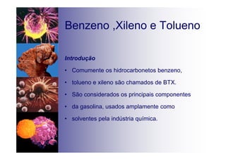 Benzeno ,Xileno e Tolueno
Introdução
• Comumente os hidrocarbonetos benzeno,
• tolueno e xileno são chamados de BTX.
• São considerados os principais componentes
• da gasolina, usados amplamente como
• solventes pela indústria química.
 