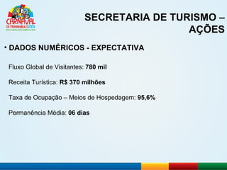 SECRETARIA DE TURISMO – AÇÕES DADOS NUMÉRICOS - EXPECTATIVA Fluxo Global de Visitantes:  780 mil Receita Turística:  R$ 370 milhões Taxa de Ocupação – Meios de Hospedagem:  95,6% Permanência Média:  06 dias 