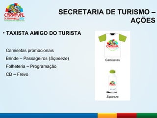 SECRETARIA DE TURISMO – AÇÕES TAXISTA AMIGO DO TURISTA Camisetas promocionais Brinde – Passageiros ( Squeeze ) Folheteria – Programação CD – Frevo Camisetas Squeeze 