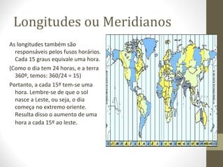 Longitudes ou Meridianos
As longitudes também são
responsáveis pelos fusos horários.
Cada 15 graus equivale uma hora.
(Como o dia tem 24 horas, e a terra
360º, temos: 360/24 = 15)
Portanto, a cada 15º tem-se uma
hora. Lembre-se de que o sol
nasce a Leste, ou seja, o dia
começa no extremo oriente.
Resulta disso o aumento de uma
hora a cada 15º ao leste.
 