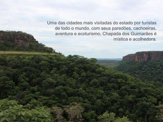 Uma das cidades mais visitadas do estado por turistas 
de todo o mundo, com seus paredões, cachoeiras, 
aventura e ecoturismo, Chapada dos Guimarães é 
mística e acolhedora. 
 