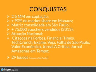 CONQUISTAS
Ø  2,5 MM em captação;
Ø  + 90% de market share em Manaus;
Ø  Matriz consolidada em São Paulo;
Ø  + 75.000 vouchers vendidos (2013);
Ø  Atuação Nacional;
Ø  Citações na Forbes, Financial Times,
TechCrunch, Exame, Veja, Folha de São Paulo,
Valor Econômico, Jornal A Crítica, Jornal
Amazonas em Tempo;
Ø  29 loucos (Manaus e São Paulo); 
 