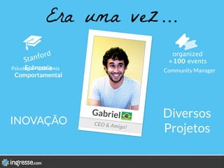 Era uma vez…
1.019
CEO & Amigo!
Gabriel
Stanford
Psicologia + Ecônomia
Ecônomia
Comportamental
Community Manager
INOVAÇÃO
Diversos
Projetos
organized 

+100 events
 