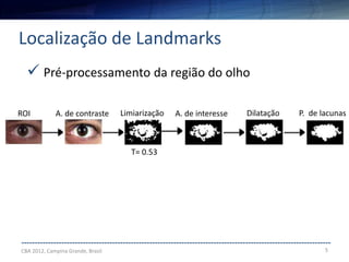 5
--------------------------------------------------------------------------------------------------------------------
Localização de Landmarks
CBA 2012, Campina Grande, Brasil
 Pré-processamento da região do olho
ROI A. de contraste Limiarização A. de interesse Dilatação P. de lacunas
T= 0.53
 