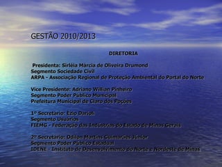 DIRETORIA Presidenta: Sirléia Márcia de Oliveira Drumond Segmento Sociedade Civil ARPA - Associação Regional de Proteção Ambiental do Portal do Norte  Vice Presidente: Adriano Willian Pinheiro   Segmento Poder Público Municipal  Prefeitura Municipal de Claro dos Poções  1º Secretário: Ézio Darioli  Segmento Usuários  FIEMG - Federação das Indústrias do Estado de Minas Gerais  2º Secretário: Odilon Martins Guimarães Júnior  Segmento Poder Público Estadual  IDENE - Instituto de Desenvolvimento do Norte e Nordeste de Minas   GESTÃO 2010/2013 