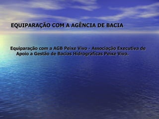   EQUIPARAÇÃO COM A AGÊNCIA DE BACIA   Equiparação com a AGB Peixe Vivo - Associação Executiva de Apoio a Gestão de Bacias Hidrográficas Peixe Vivo. 