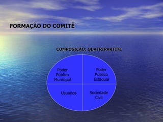 FORMAÇÃO DO COMITÊ COMPOSIÇÃO: QUATRIPARTITE Poder Público Municipal Poder Público Estadual Usuários Sociedade Civil 