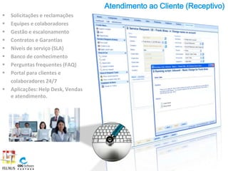Atendimento ao Cliente (Receptivo)
   Solicitações e reclamações
   Equipes e colaboradores
   Gestão e escalonamento
   Contratos e Garantias
   Níveis de serviço (SLA)
   Banco de conhecimento
   Perguntas frequentes (FAQ)
   Portal para clientes e
    colaboradores 24/7
   Aplicações: Help Desk, Vendas
    e atendimento.
 