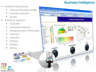 Business Intelligence
   Relatórios operacionais
      Informes Pré-determinados
      Controle comercial
      Ad-hoc
   Relatórios analíticos
      ETL & DW
      Indicadores Setoriais
      Navegação pelas informações
      Informes
      Consultas
      Gráficos
      Análises
      Alertas
 