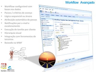 Workflow Avançado
   Workflow configurável com
    bases nos dados
   Passos / critérios de avanço
   Lógica sequencial ou árvore
   Atribuição automática de passos
   Notificações por e-mail e
    escalonamento
   Execução de tarefas por cliente
   Hierarquia visual
   Integração com ferramentas de
    terceiros
   Baseado no MWF
 