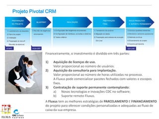 Projeto Pivotal CRM




              Financeiramente, o investimento é dividido em três partes:

              1)   Aquisição de licenças de uso.
                   Valor proporcional ao número de usuários.
              2)   Aquisição da consultoria para implantação.
                   Valor proporcional ao número de horas utilizadas no processo.
                   A Fluxus pode comercializar pacotes fechados com valores e escopos
                   fixos.
              3)   Contratação de suporte permanente contemplando:
                   a) Novas tecnologias e inovações CDC no software;
                   b) Suporte remoto Fluxus.
              A Fluxus tem as melhores estratégias de PARCELAMENTO E FINANCIAMENTO
              do projeto para oferecer condições personalizadas e adequadas ao fluxo de
              caixa da sua empresa.
 