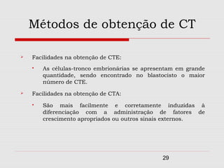 Métodos de obtenção de CT

   Facilidades na obtenção de CTE:
       As células-tronco embrionárias se apresentam em grande
        quantidade, sendo encontrado no blastocisto o maior
        número de CTE.
   Facilidades na obtenção de CTA:
       São mais facilmente e corretamente induzidas à
        diferenciação com a administração de fatores de
        crescimento apropriados ou outros sinais externos.




                                               29
 