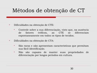Métodos de obtenção de CT

   Dificuldades na obtenção de CTE:
       Controle sobre a sua diferenciação, visto que, na ausência
        de   fatores    tróficos,  as    CTE      se   diferenciam
        espontaneamente em todos os tipos de tecidos.
   Dificuldades na obtenção de CTA:
       São raras e não apresentam características que permitam
        sua fácil identificação.
       Não são capazes de manter suas propriedades de
        diferenciação por longos períodos em cultura.




                                                  30
 