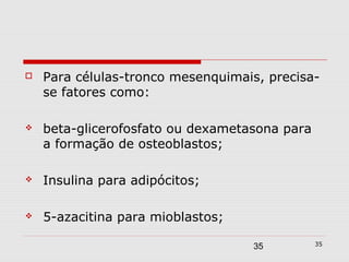    Para células-tronco mesenquimais, precisa-
    se fatores como:

   beta-glicerofosfato ou dexametasona para
    a formação de osteoblastos;

   Insulina para adipócitos;

   5-azacitina para mioblastos;
                                               35
                                   35
 