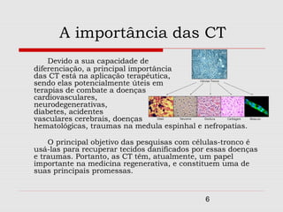 A importância das CT
    Devido a sua capacidade de
diferenciação, a principal importância
das CT está na aplicação terapêutica,
sendo elas potencialmente úteis em
terapias de combate a doenças
cardiovasculares,
neurodegenerativas,
diabetes, acidentes
vasculares cerebrais, doenças
hematológicas, traumas na medula espinhal e nefropatias.

    O principal objetivo das pesquisas com células-tronco é
usá-las para recuperar tecidos danificados por essas doenças
e traumas. Portanto, as CT têm, atualmente, um papel
importante na medicina regenerativa, e constituem uma de
suas principais promessas.


                                              6
 