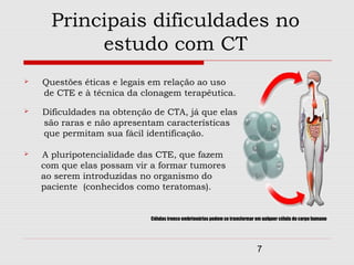 Principais dificuldades no
           estudo com CT
   Questões éticas e legais em relação ao uso
    de CTE e à técnica da clonagem terapêutica.
   Dificuldades na obtenção de CTA, já que elas
    são raras e não apresentam características
    que permitam sua fácil identificação.

   A pluripotencialidade das CTE, que fazem
    com que elas possam vir a formar tumores
    ao serem introduzidas no organismo do
    paciente (conhecidos como teratomas).


                            Células tronco embrionárias podem se transformar em ualquer célula do corpo humano




                                                                             7
 