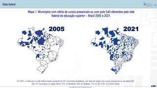 30
2005 2021
Em 2021, a matrícula na rede federal estava presente em 931 municípios brasileiros, por meio de campi com cursos presenciais ou de polos EaD.
São 101 municípios na região Norte; 315, no Nordeste; 249, no Sudeste; 174, no Sul; e 92, no Centro-Oeste.
Rede federal
Fonte: MEC/Inep; Censo da Educação Superior
Mapa 1. Municípios com oferta de cursos presenciais ou com polo EaD oferecidos pela rede
federal de educação superior – Brasil 2005 e 2021.
 