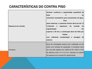 CARACTERÍSTICAS DO CONTRA PISO
Espessura da camada
Variável, conforme a regularidade superficial da
base e os
caimentos necessários para escoamento da água.
Para
pisos externos, o caimento mínimo deve ser de 1,5
%.Quando a espessura da camada de
regularização for
superior a 30 mm, a construção deve ser feita por
etapas,
com suficiente compactação e secagem da
anterior.
Armadura
Deve ser empregada sempre que a aplicação se der
sobre uma camada de separação. A armadura deve
ser uma tela soldada com malha de 50 x 50mm e fios
de diâmetro entre 1,5 e 2,0 mm, colocada na metade
da espessura da camada de regularização.
 