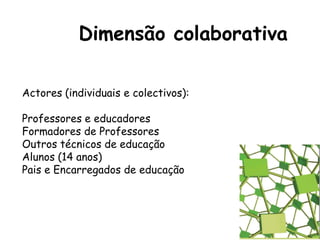 Dimensão colaborativaActores (individuais e colectivos):Professores e educadoresFormadores de ProfessoresOutros técnicos de educação Alunos (14 anos)Pais e Encarregados de educação