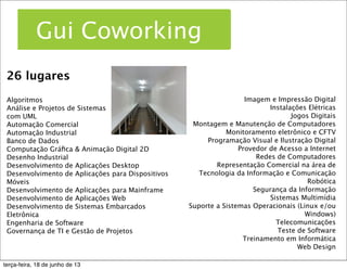 Gui Coworking
26 lugares
Algoritmos
Análise e Projetos de Sistemas
com UML
Automação Comercial
Automação Industrial
Banco de Dados
Computação Gráﬁca & Animação Digital 2D
Desenho Industrial
Desenvolvimento de Aplicações Desktop
Desenvolvimento de Aplicações para Dispositivos
Móveis
Desenvolvimento de Aplicações para Mainframe
Desenvolvimento de Aplicações Web
Desenvolvimento de Sistemas Embarcados
Eletrônica
Engenharia de Software
Governança de TI e Gestão de Projetos
Imagem e Impressão Digital
Instalações Elétricas
Jogos Digitais
Montagem e Manutenção de Computadores
Monitoramento eletrônico e CFTV
Programação Visual e Ilustração Digital
Provedor de Acesso a Internet
Redes de Computadores
Representação Comercial na área de
Tecnologia da Informação e Comunicação
Robótica
Segurança da Informação
Sistemas Multimídia
Suporte a Sistemas Operacionais (Linux e/ou
Windows)
Telecomunicações
Teste de Software
Treinamento em Informática
Web Design
 terça-feira, 18 de junho de 13
 
