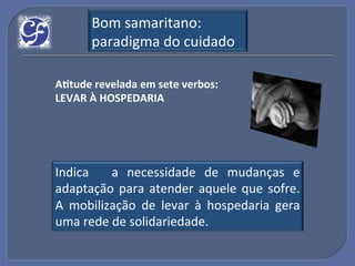 Bom!samaritano:!
       paradigma!do!cuidado!

A?tude"revelada"em"sete"verbos:"
LEVAR"À"HOSPEDARIA"
"




Indica! ! a! necessidade! de! mudanças! e!
adaptação! para! atender! aquele! que! sofre.!!
A! mobilização! de! levar! à! hospedaria! gera!
uma!rede!de!solidariedade.!
 