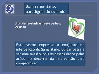 Bom!samaritano:!
       paradigma!do!cuidado!

A?tude"revelada"em"sete"verbos:"
CUIDAR"




Este! verbo! expressa! o! conjunto! da!
intervenção!do!Samaritano.!Cuidar!passa!a!!
ser!uma!missão,!pois!os!passos!dados!pelas!
ações! no! decorrer! da! intervenção! gera!
compromisso.!
 